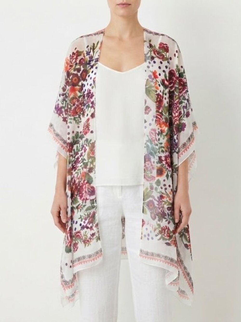 White Sheer Floral Coverup with Pink & Green Accents